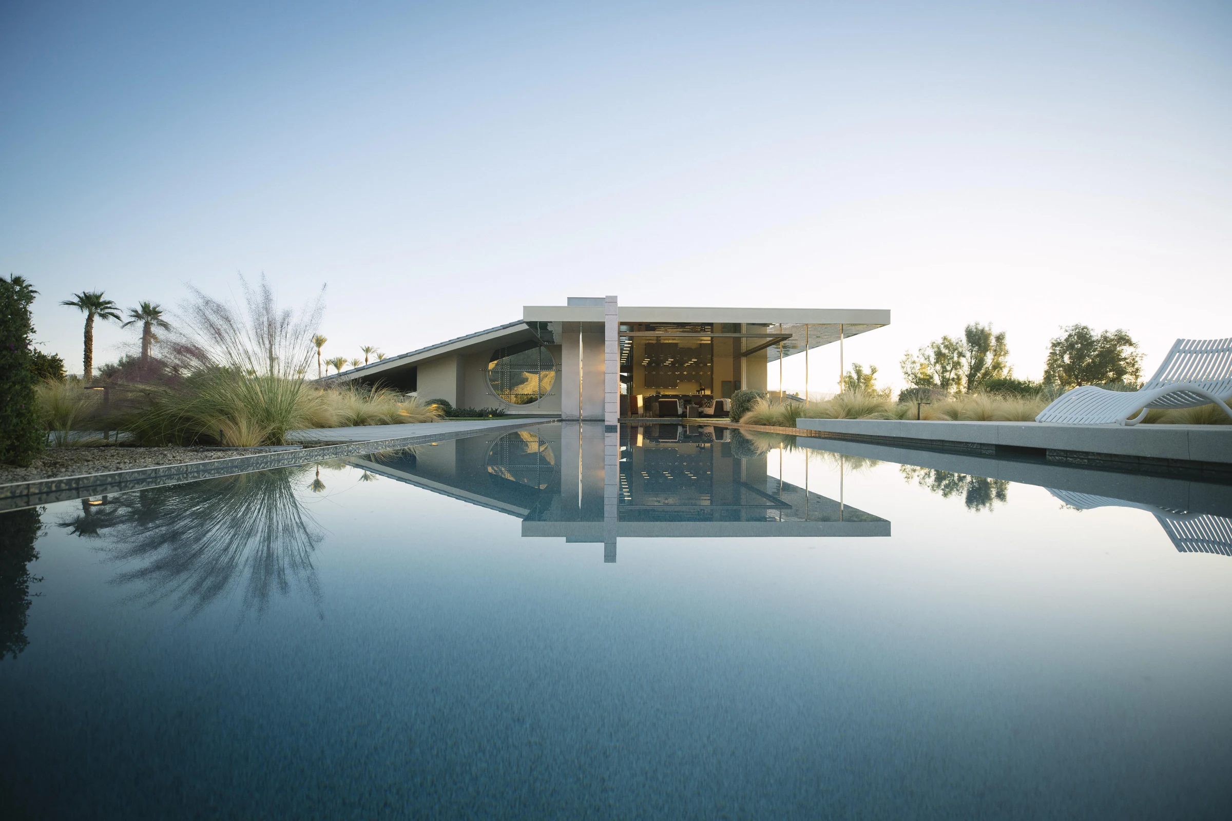 Mirrored kitchen and axial view through Kelley Lane, the Dreamer Estate