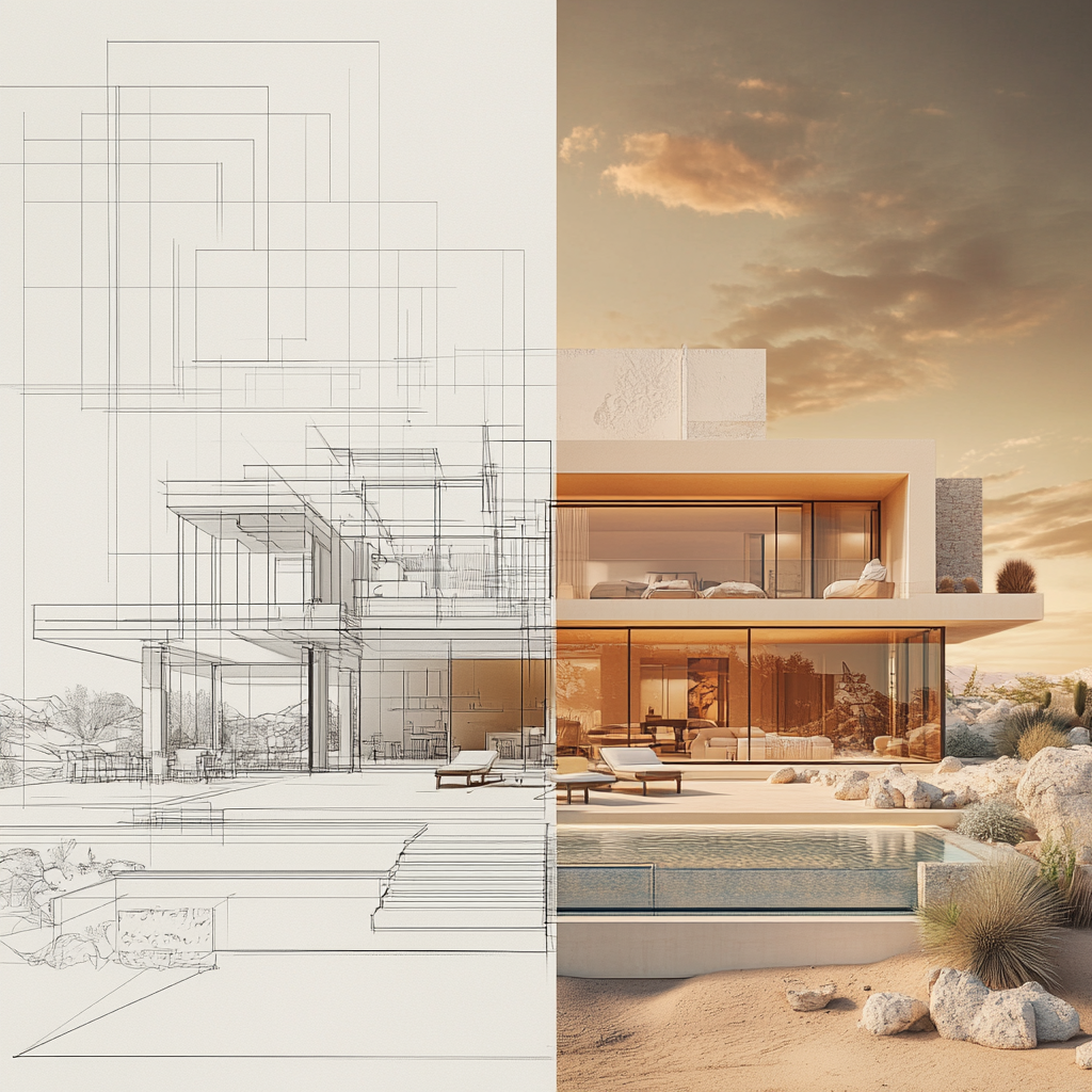 Conceptual study showing a singular residence moving from architectural drawing to resolved construction