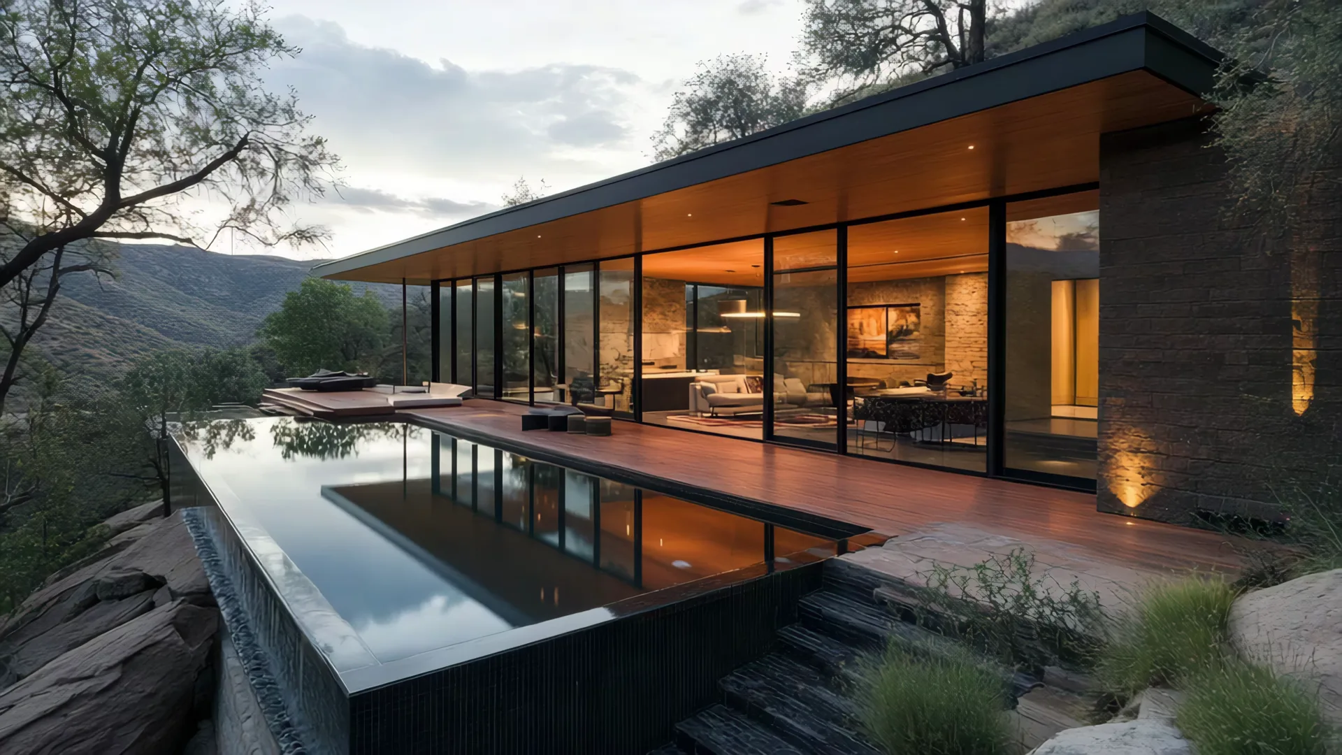 Modern Southern California residence and pool at dusk